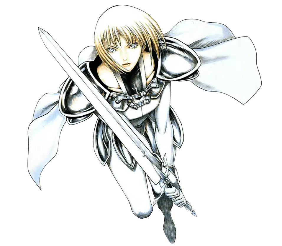 Background image of Clare holding her Claymore sword